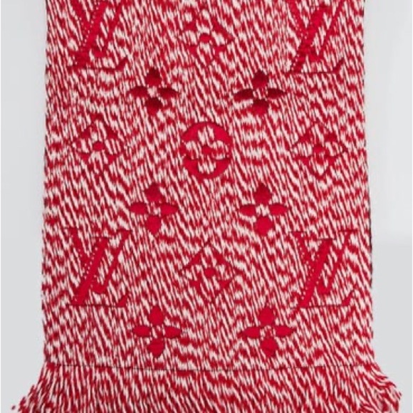 LOUIS VUITTON 
Wool Silk Logomania Mix Scarf Coquelicot unisex silk|wool LV - Picture 1 of 13